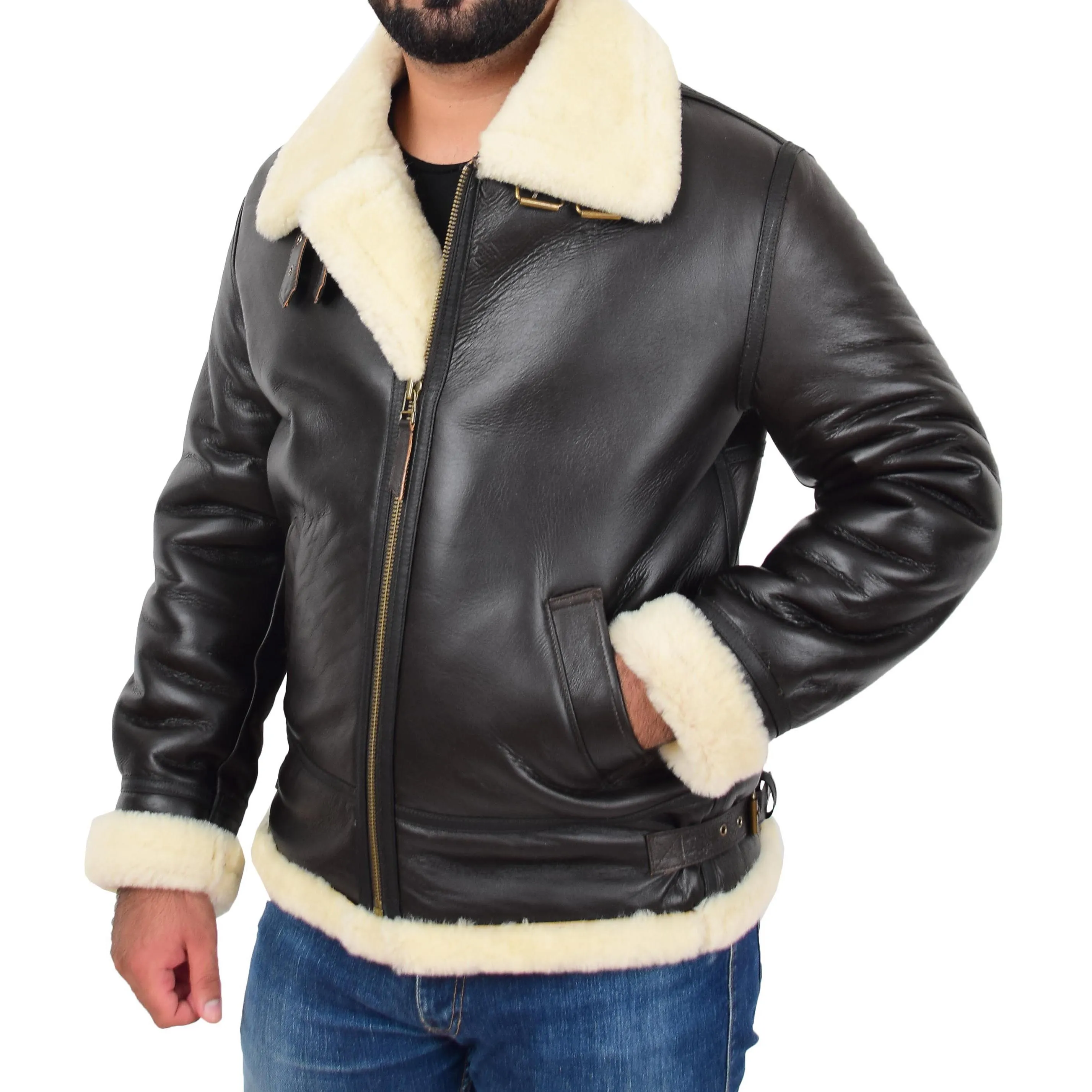 Genuine Sheepskin Flying Jacket For Men B3 Bomber Shearling Coat Thunder Brown/White