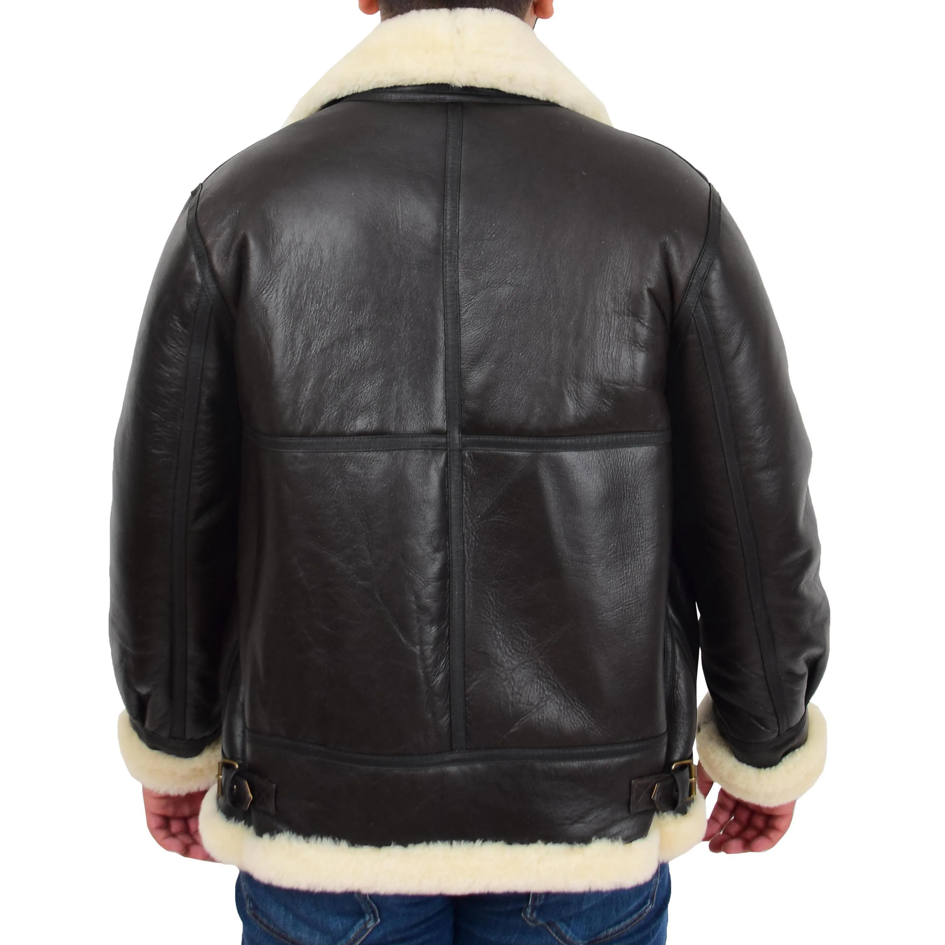 Genuine Sheepskin Flying Jacket For Men B3 Bomber Shearling Coat Thunder Brown/White