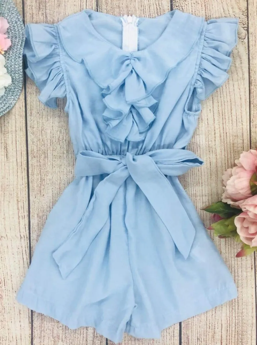 Girls Collared Flutter Sleeve Ruffled Romper With Sash