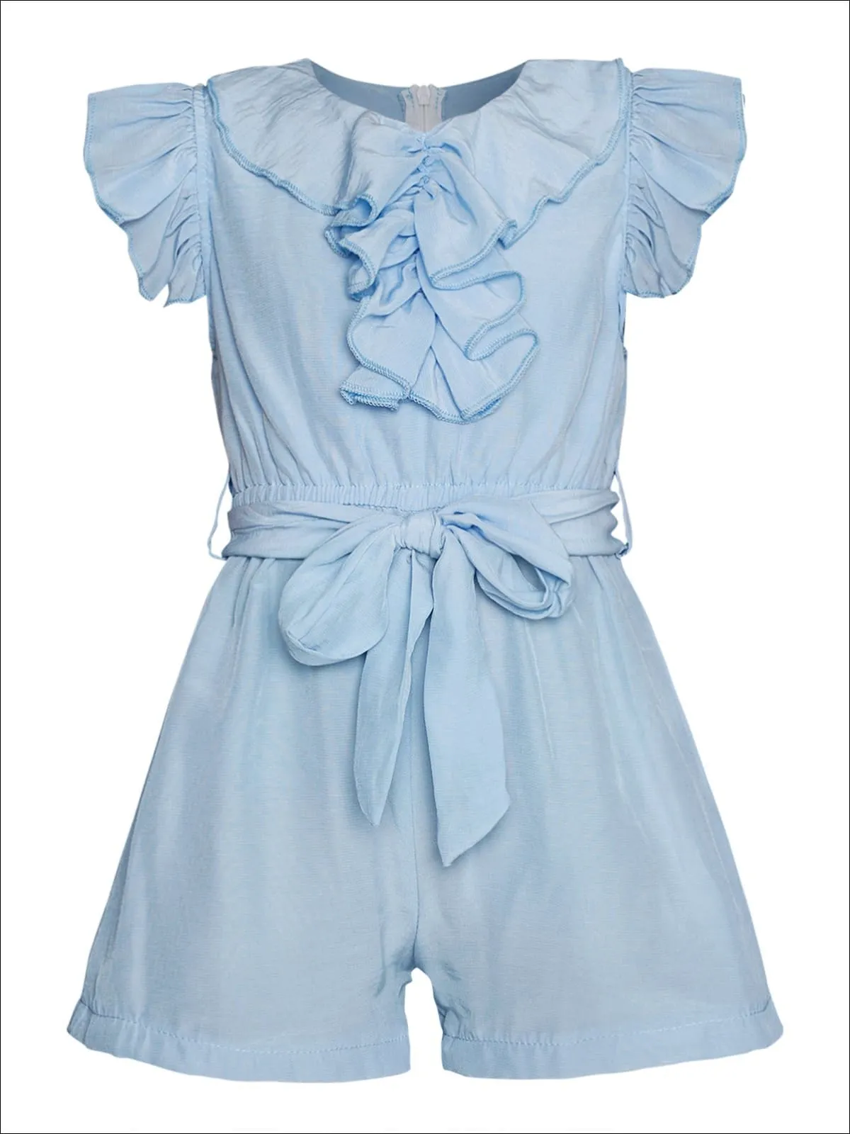 Girls Collared Flutter Sleeve Ruffled Romper With Sash