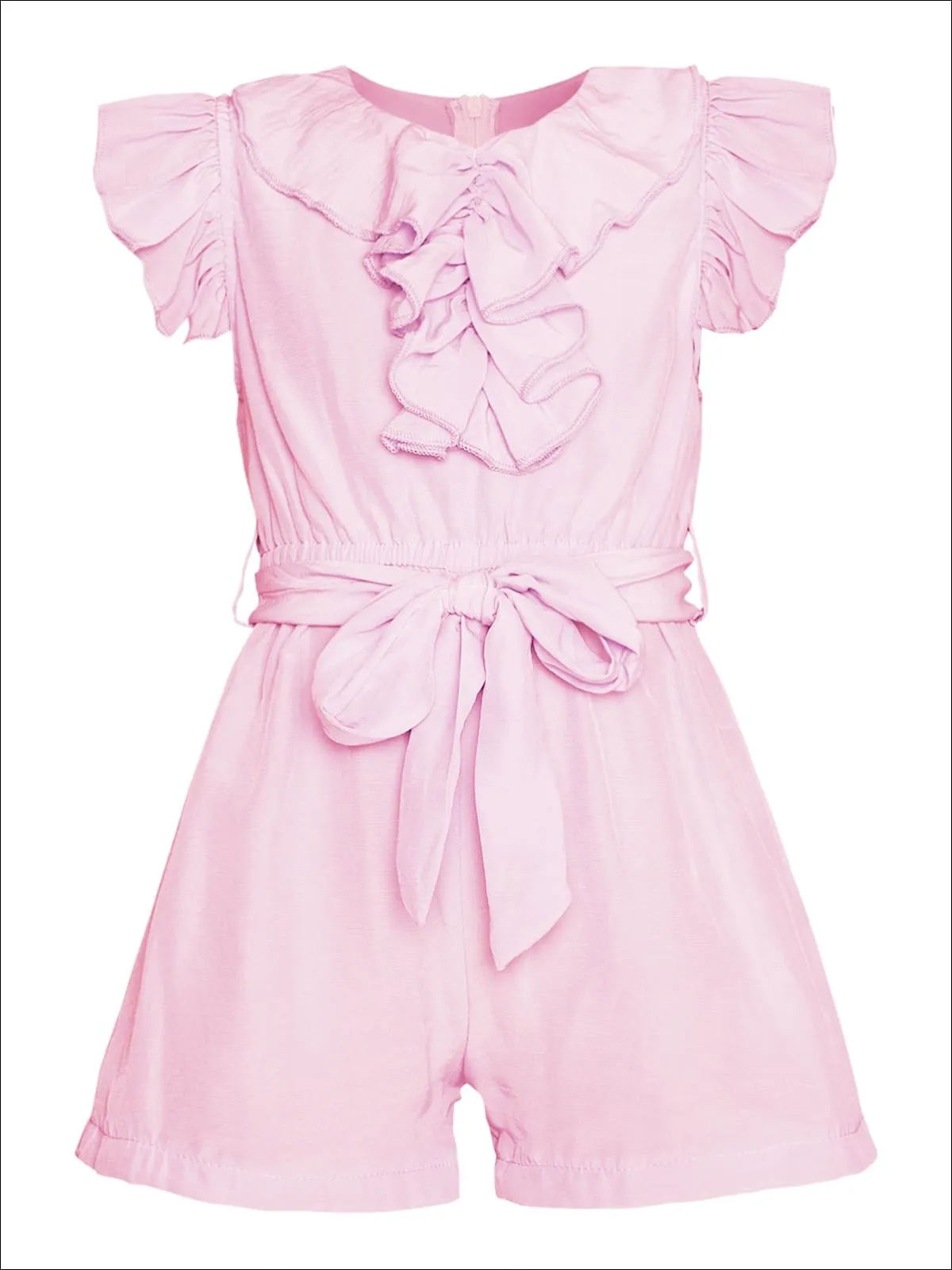 Girls Collared Flutter Sleeve Ruffled Romper With Sash