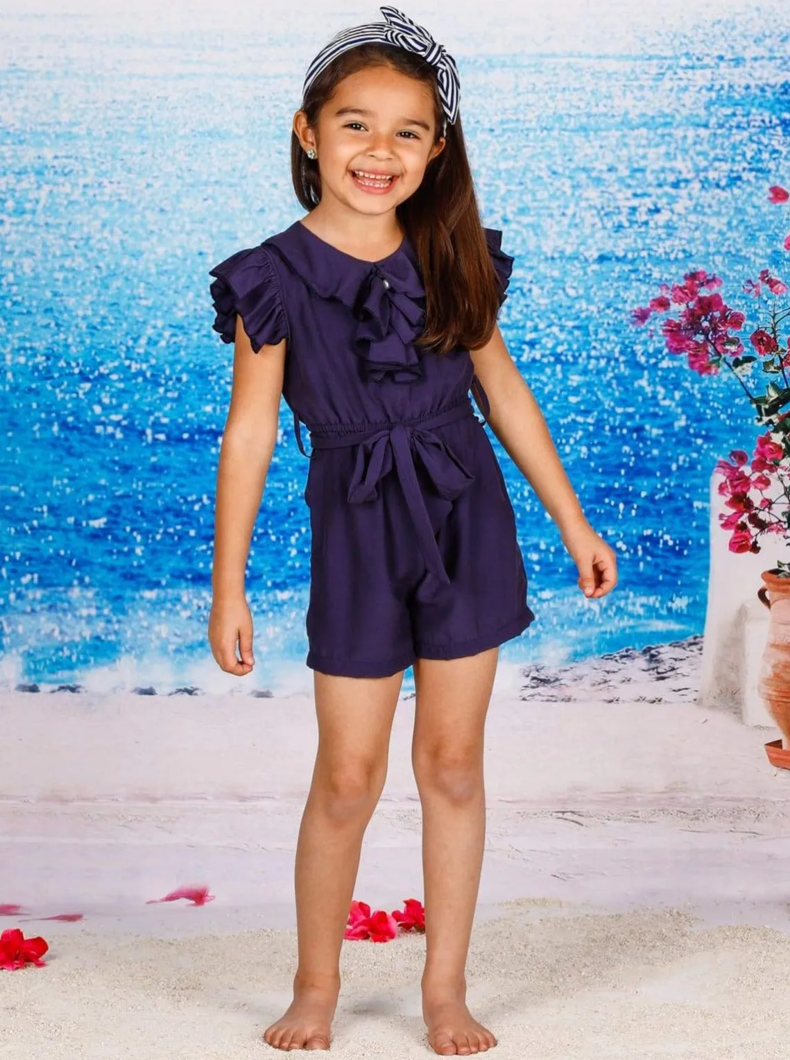 Girls Collared Flutter Sleeve Ruffled Romper With Sash