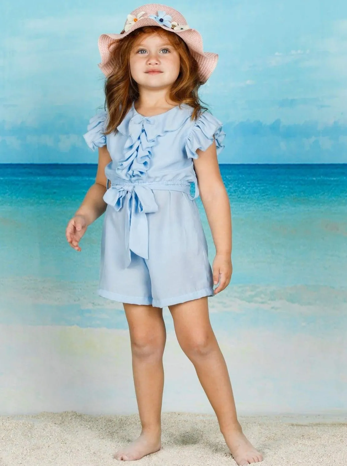 Girls Collared Flutter Sleeve Ruffled Romper With Sash