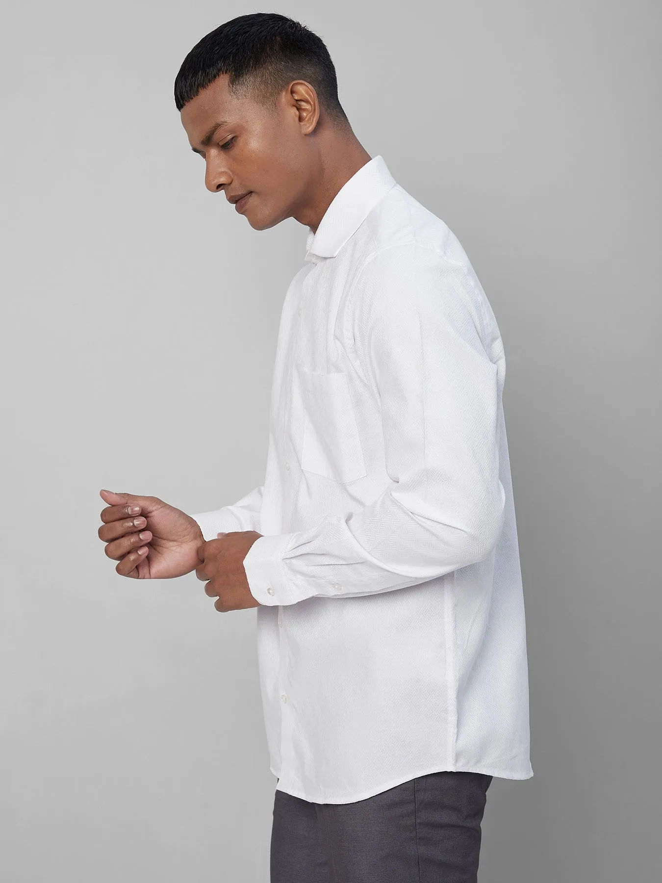 GIZA COTTON White SLIM FIT Full Sleeve Jacquard Formal Mens Shirts