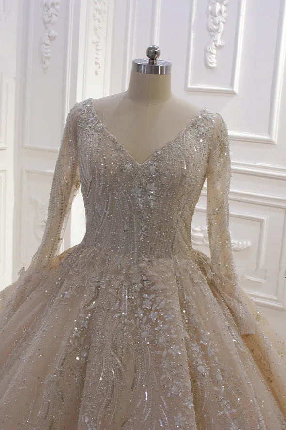 Glamorous Long Sleeve V-neck Sequin Beading Ball Gown Wedding Dress