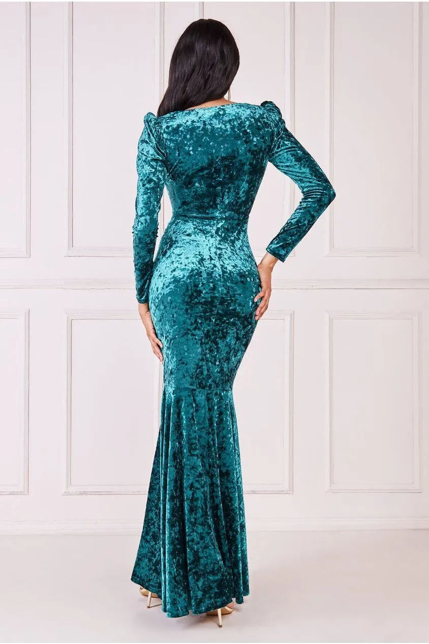 Goddiva Flared Hem Ice Velvet Maxi - Emerald Green