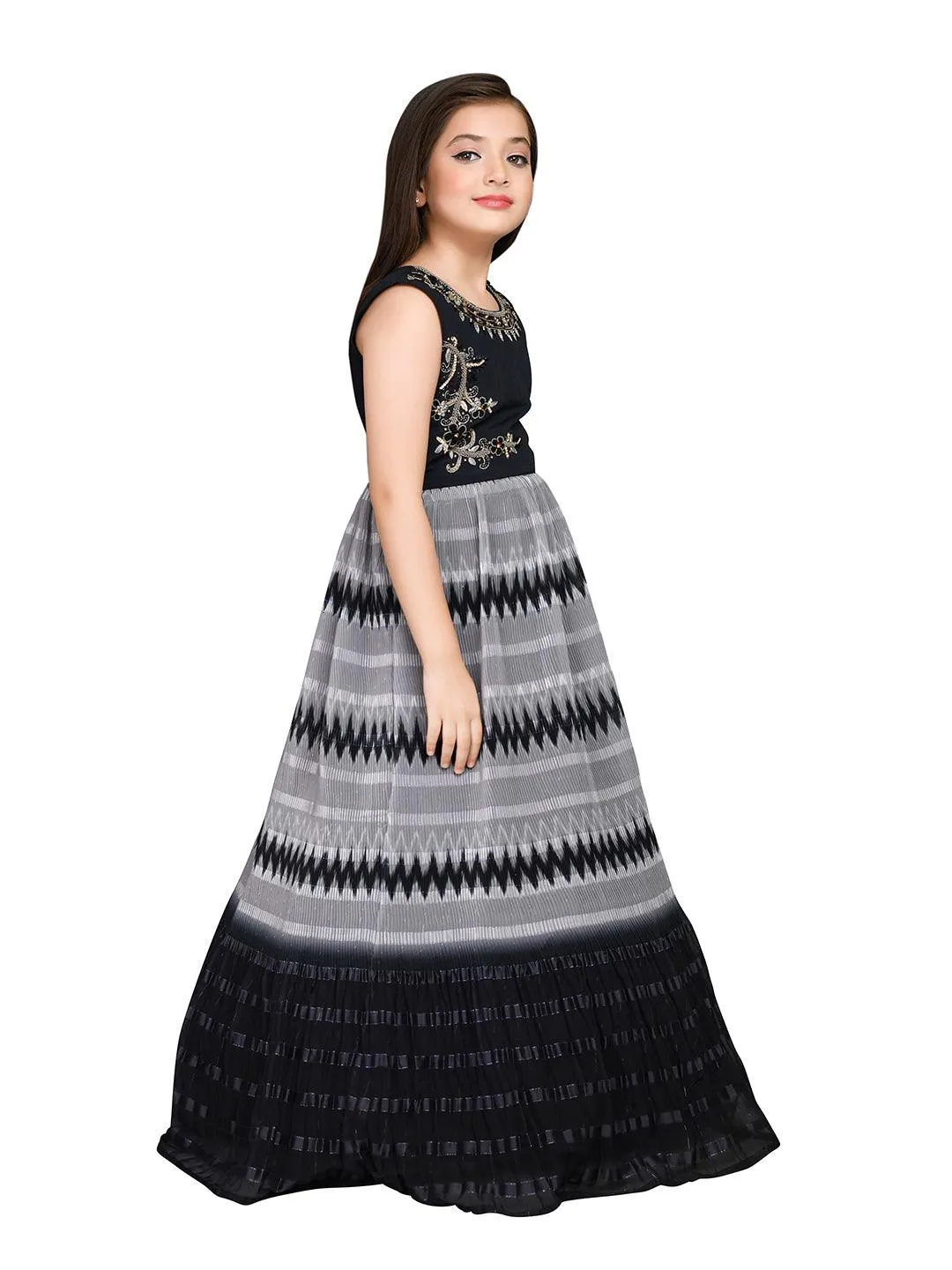 Grey Coloured Ethnic Gown Maxi Dress Chinon Fabric Gown For Girls