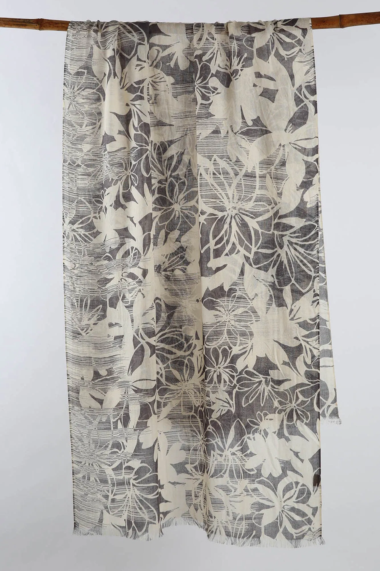 Grey Silk-Cashmere Floral Scriffles Scarf