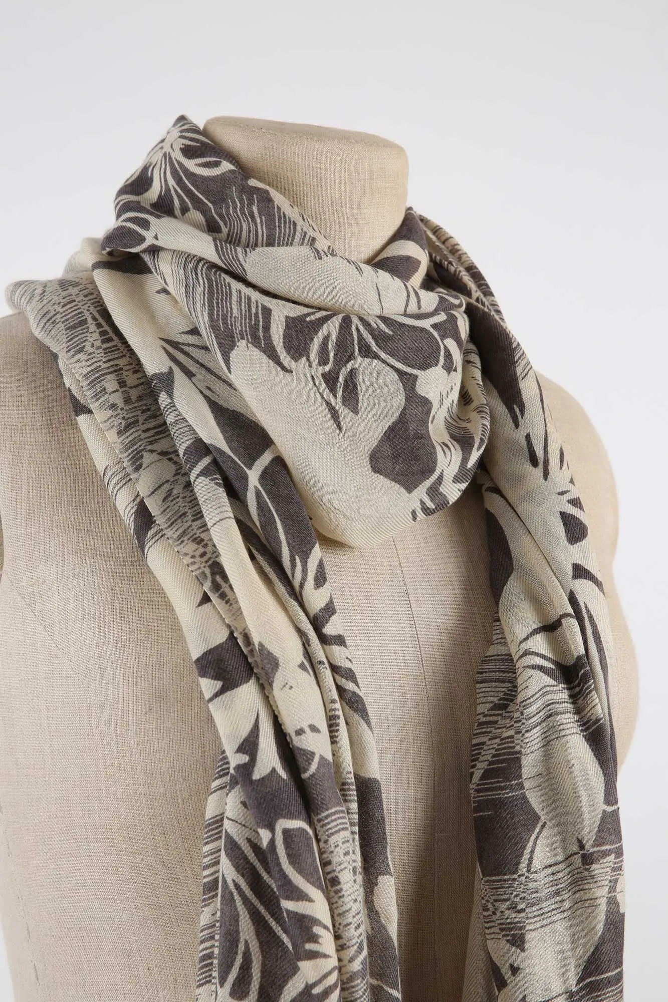 Grey Silk-Cashmere Floral Scriffles Scarf