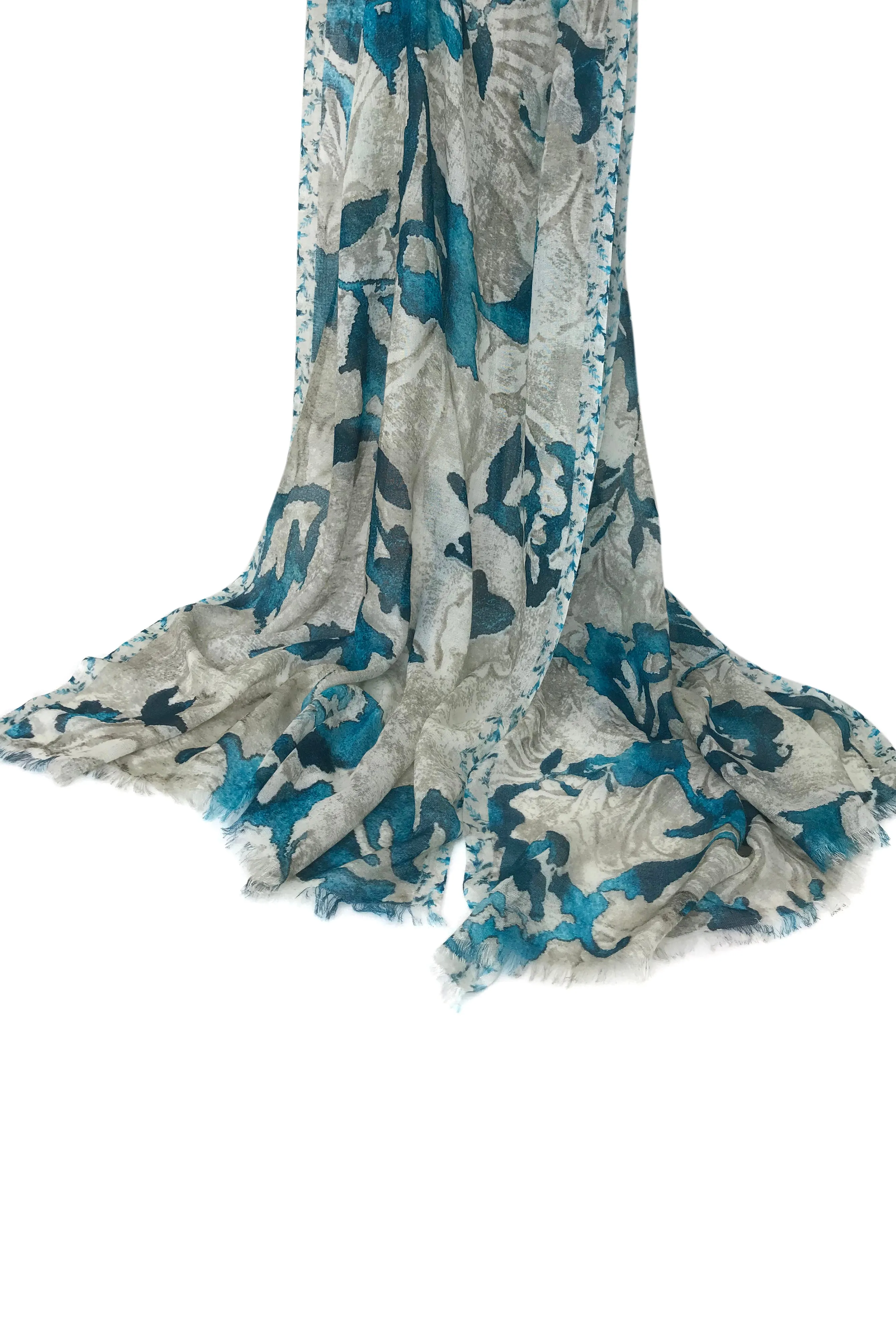 Grey Turquoise Floral Cashmere Scarf