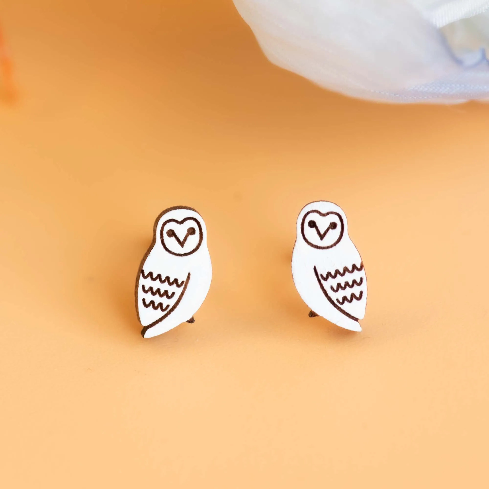 Hand-painted Snowy Owl Wooden Earrings - PEB12070