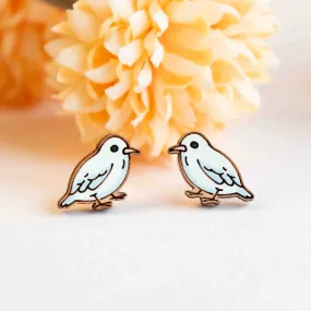 Hand-painted White Bird Wooden Earrings - PEB12073