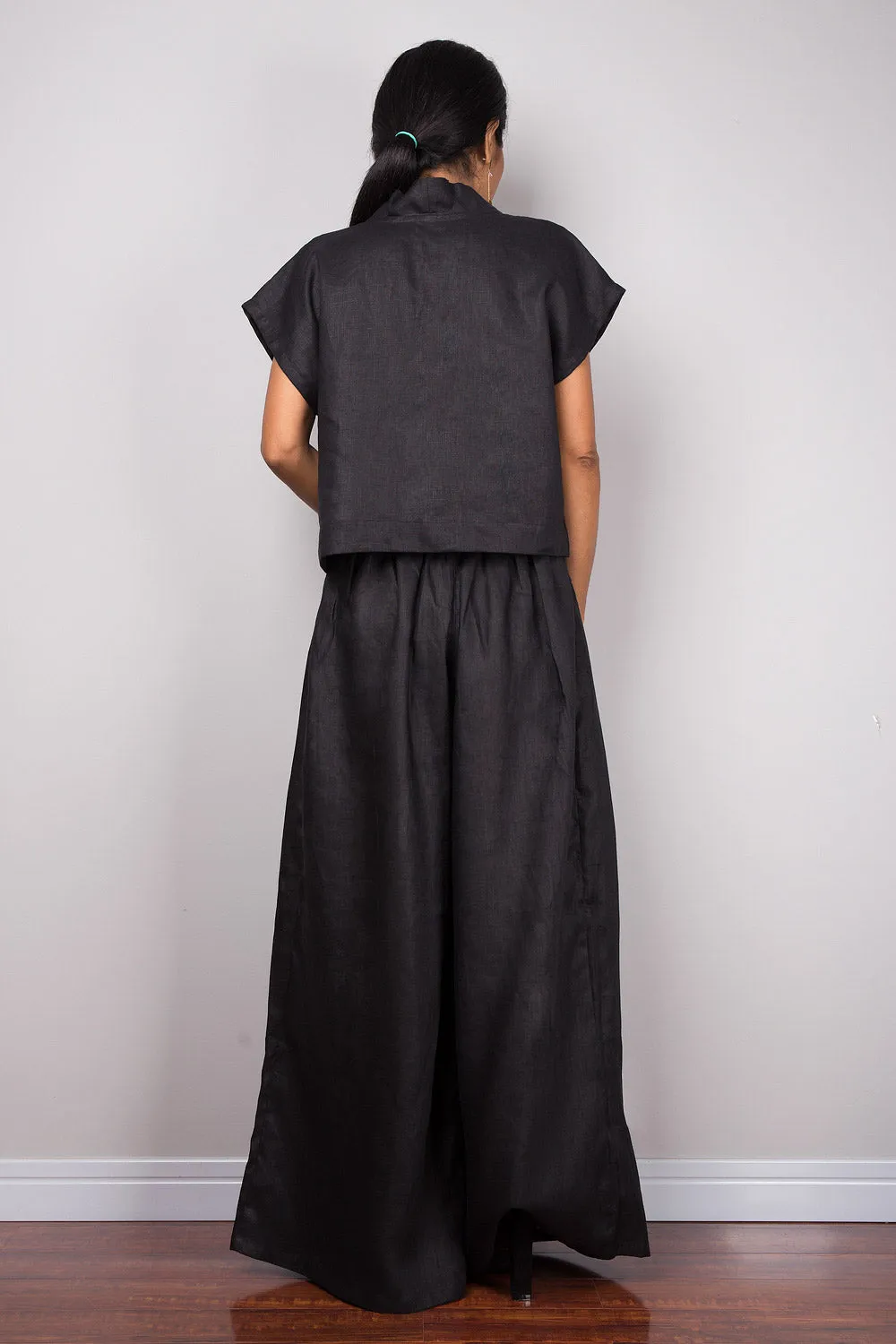 Handmade black linen long wide leg palazzo pants. Black high waist women's summer pants