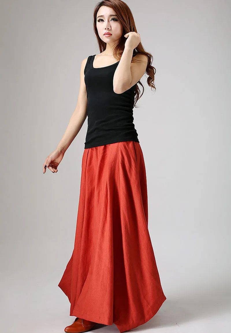 Handmade maxi linen skirt with asymmetrical hem line in orange 0896#