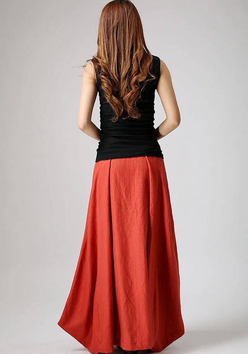 Handmade maxi linen skirt with asymmetrical hem line in orange 0896#