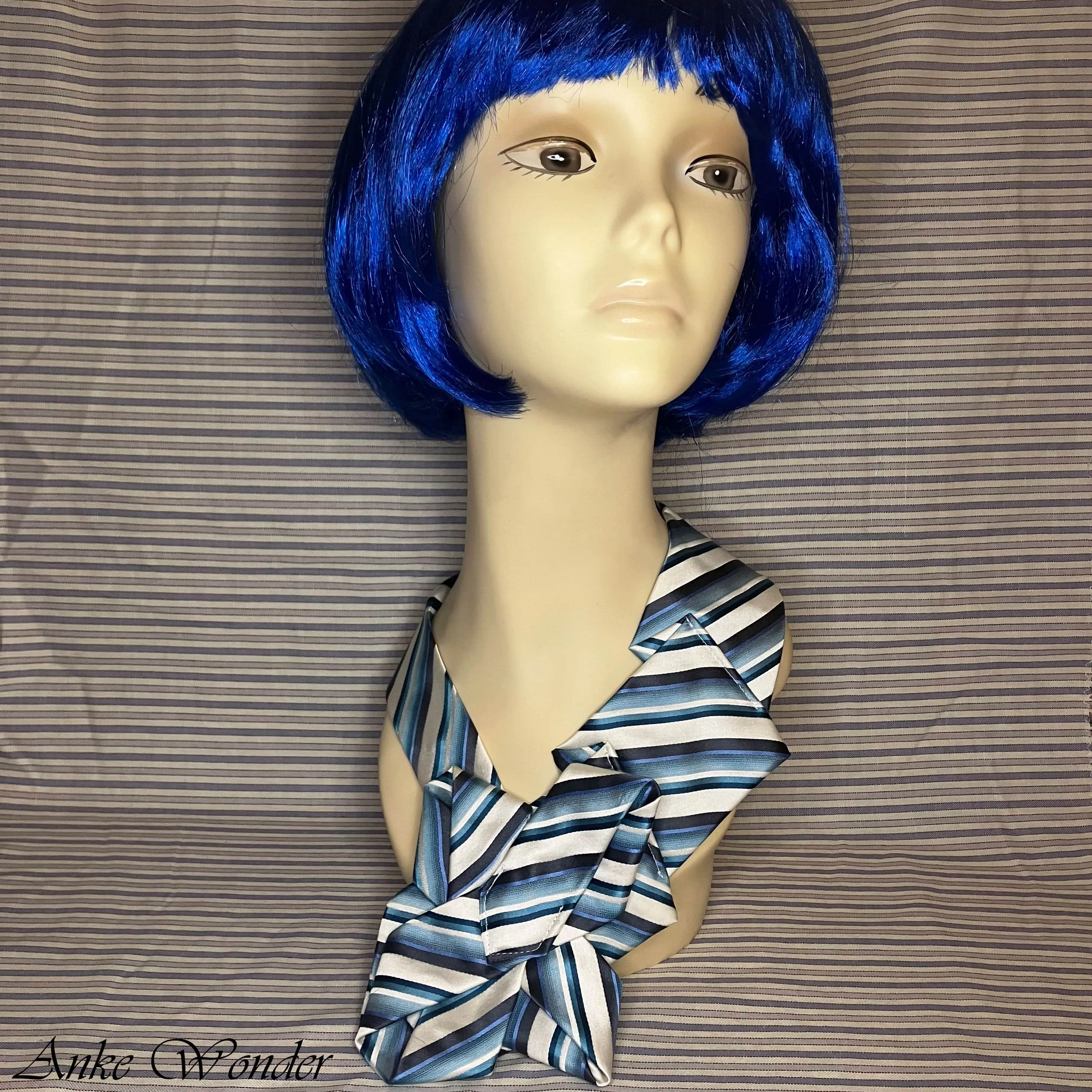 Handmade Women’s Blue & White Silk Necktie – Striped Design, Upcycled