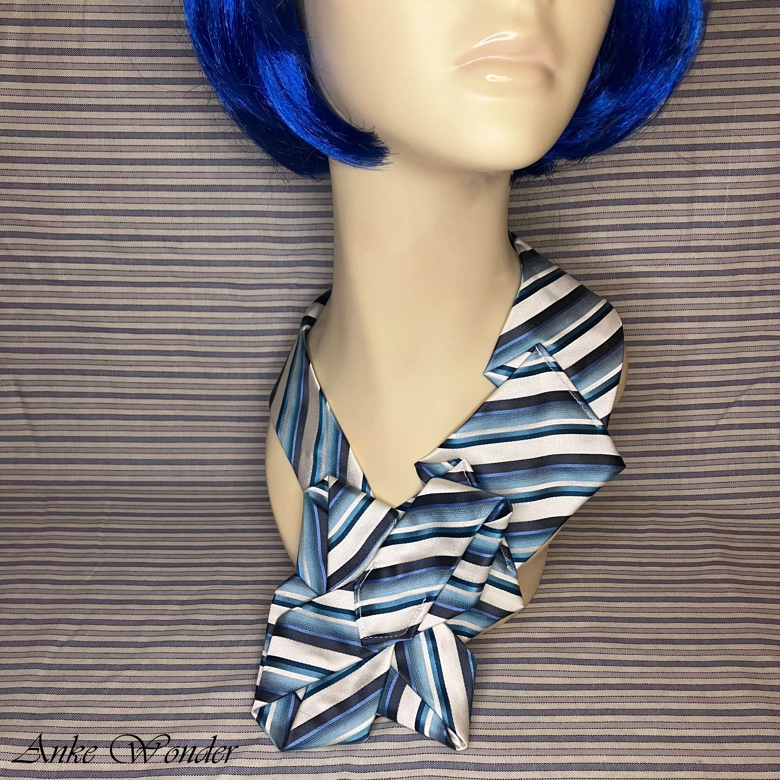 Handmade Women’s Blue & White Silk Necktie – Striped Design, Upcycled