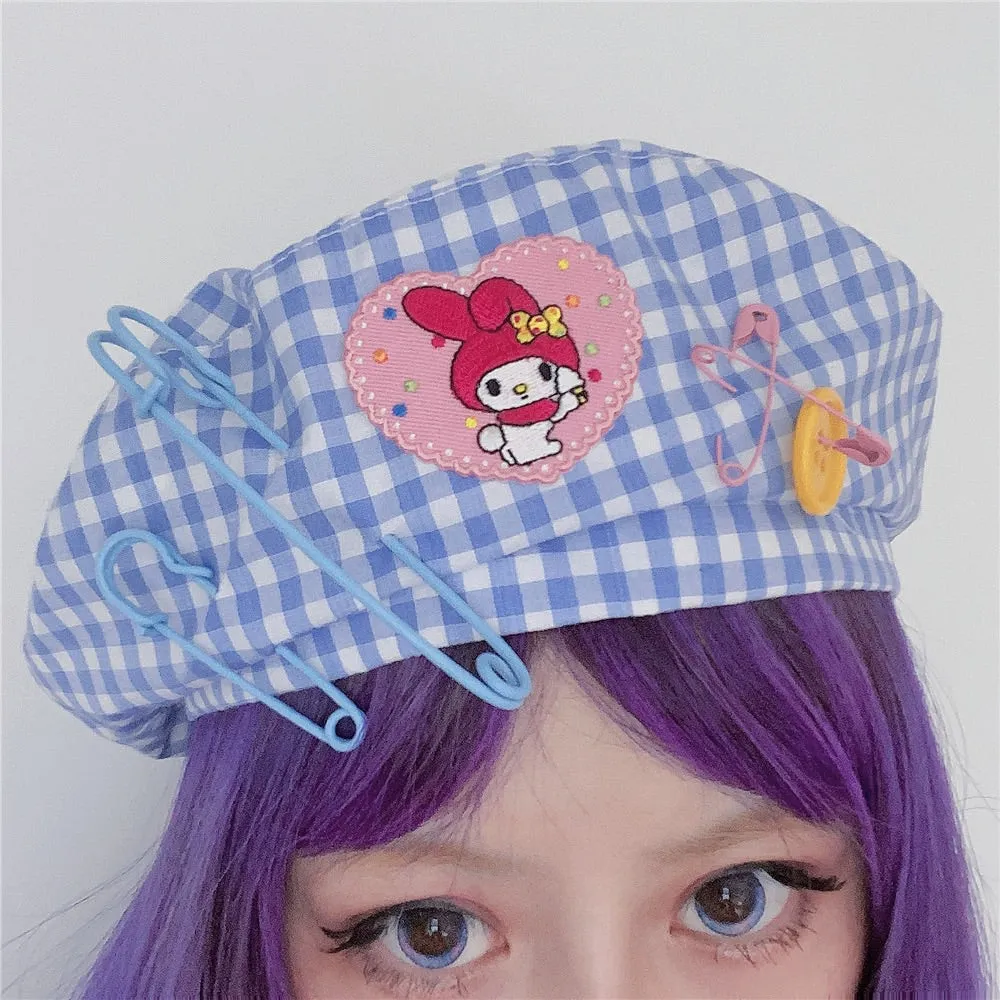 HARAJUKU CARTOON SOFTGIRL BESTIE PLAID SUMMER BERET HAT BY90803