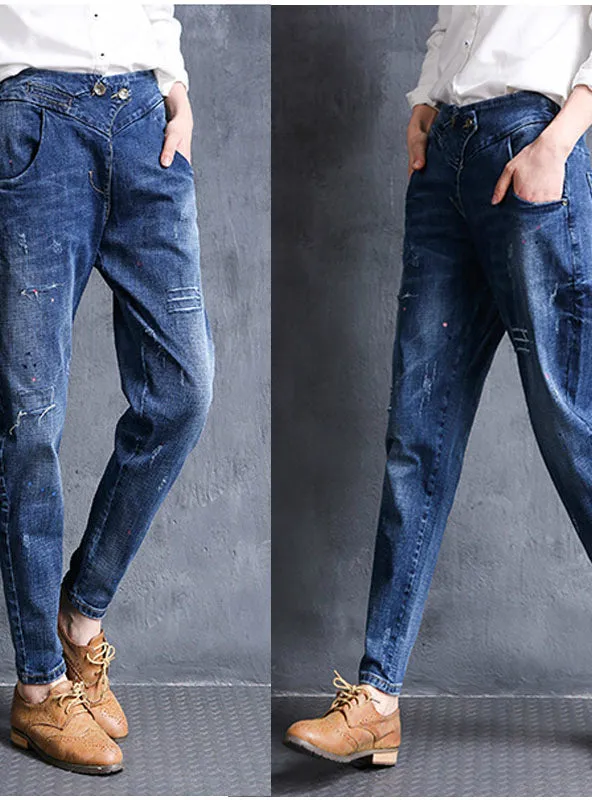 High Waist Destroyed Denim Trousers