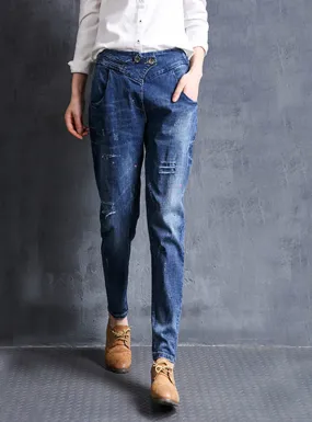 High Waist Destroyed Denim Trousers