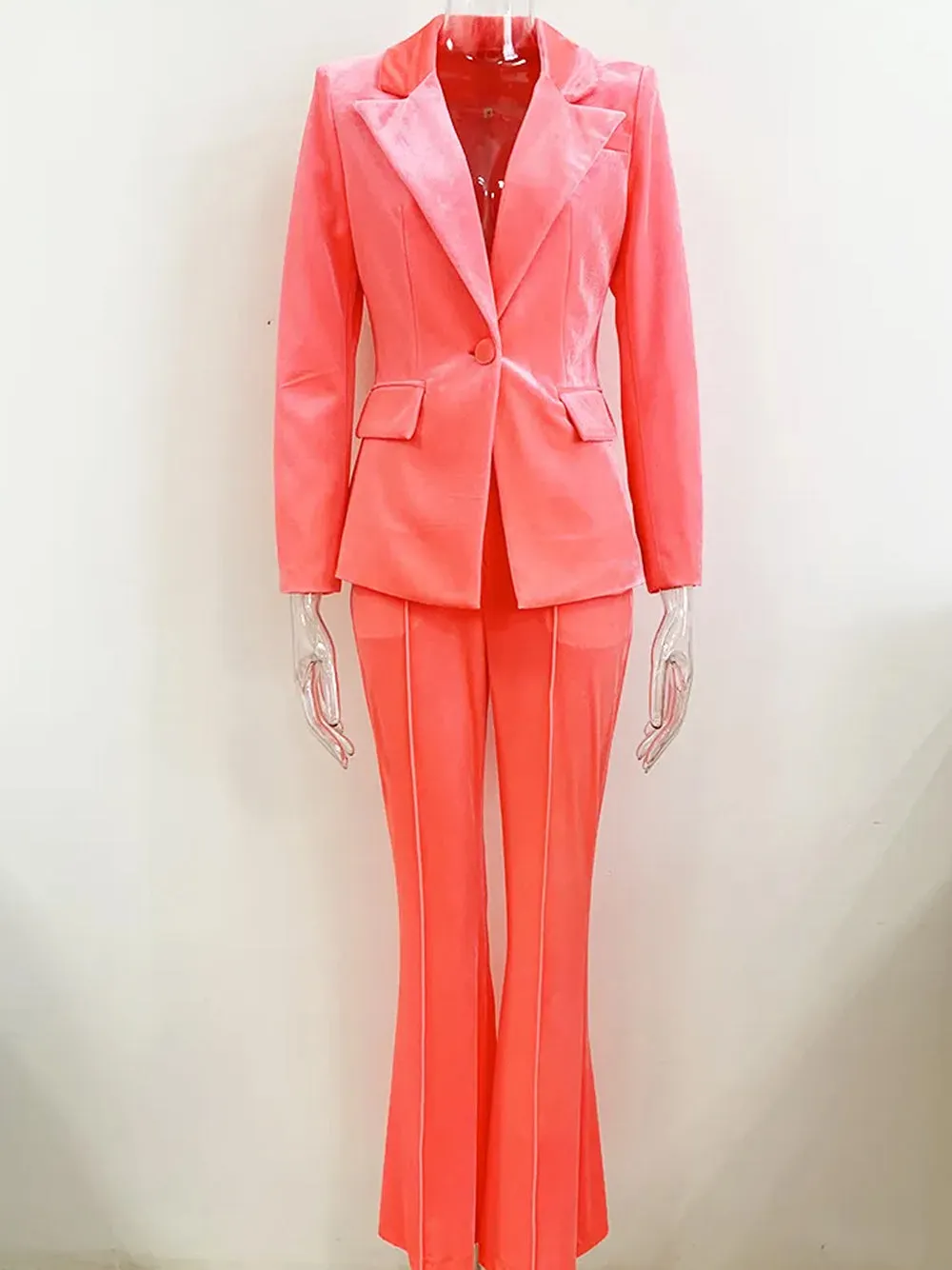 HINIYA Velvet Blazer & Flared Pants Set in Peach Pink