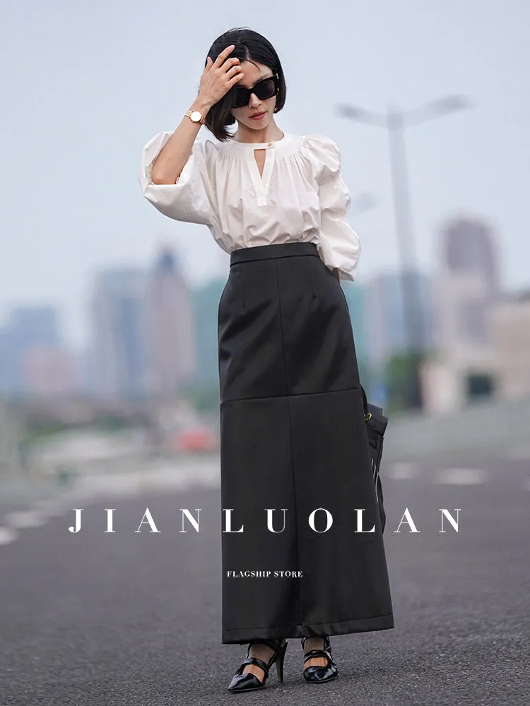 Huanzi customized loose slit midi black skirt - Swan