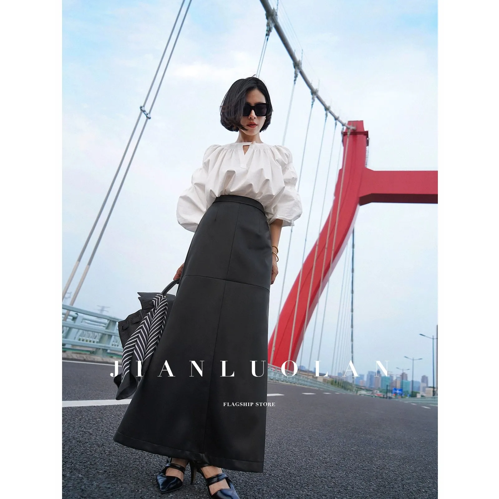 Huanzi customized loose slit midi black skirt - Swan