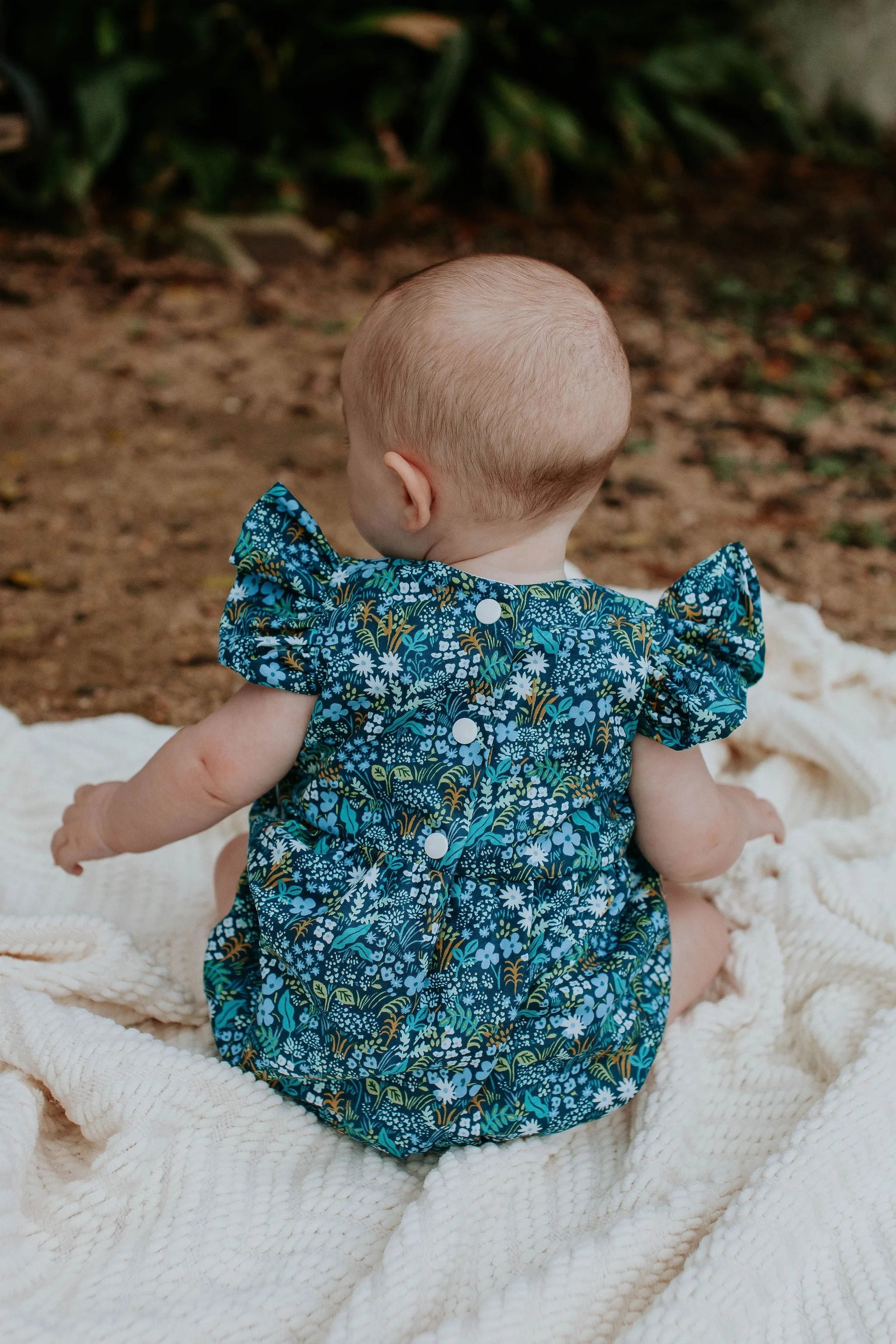 Infant Girl's Blue and Yellow Rifle Paper Floral Ruffle Cotton Bubble Romper