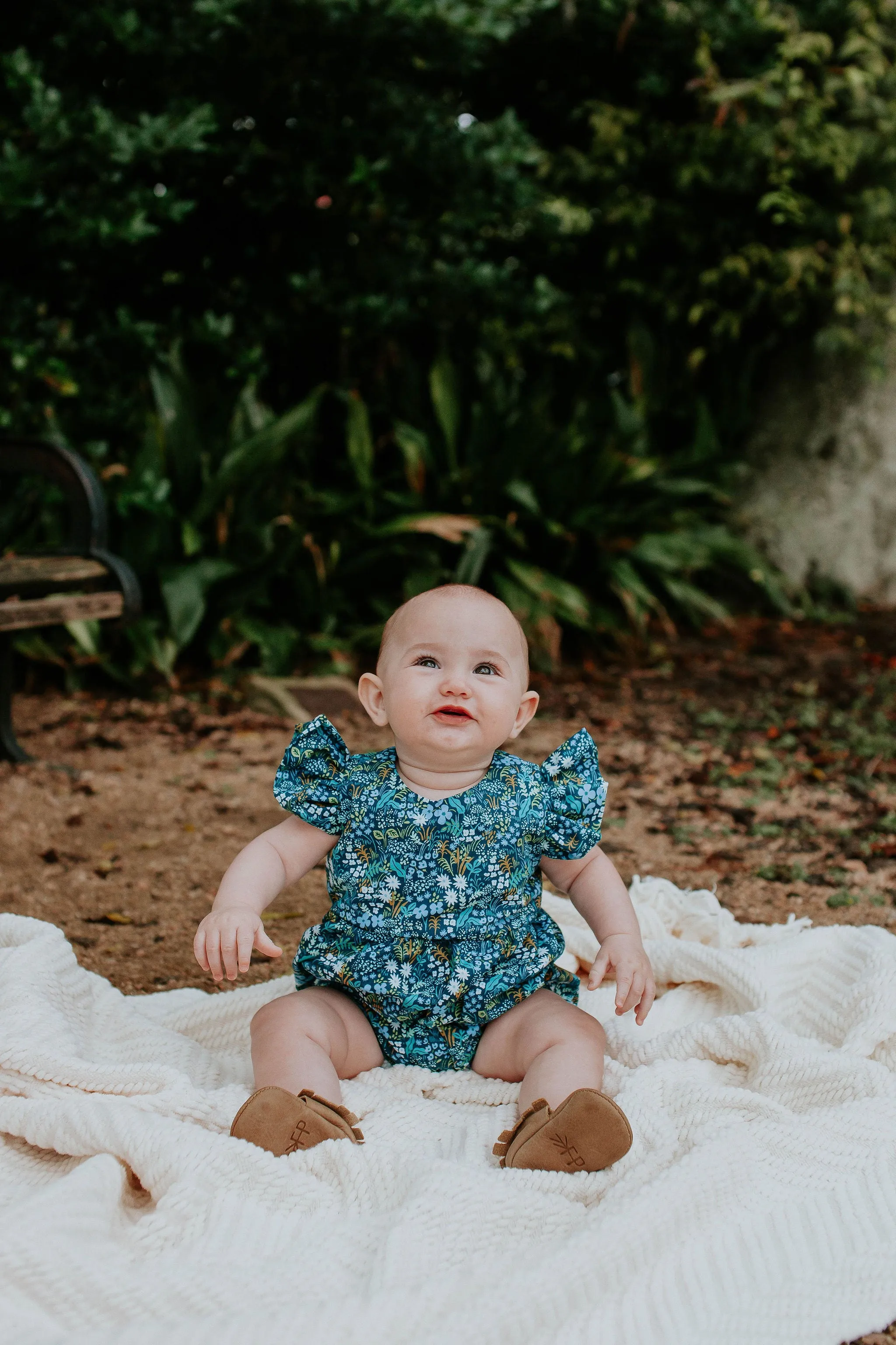 Infant Girl's Blue and Yellow Rifle Paper Floral Ruffle Cotton Bubble Romper