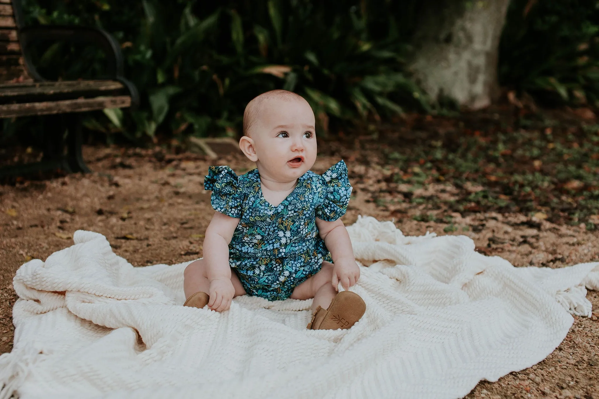 Infant Girl's Blue and Yellow Rifle Paper Floral Ruffle Cotton Bubble Romper