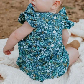 Infant Girl's Blue and Yellow Rifle Paper Floral Ruffle Cotton Bubble Romper