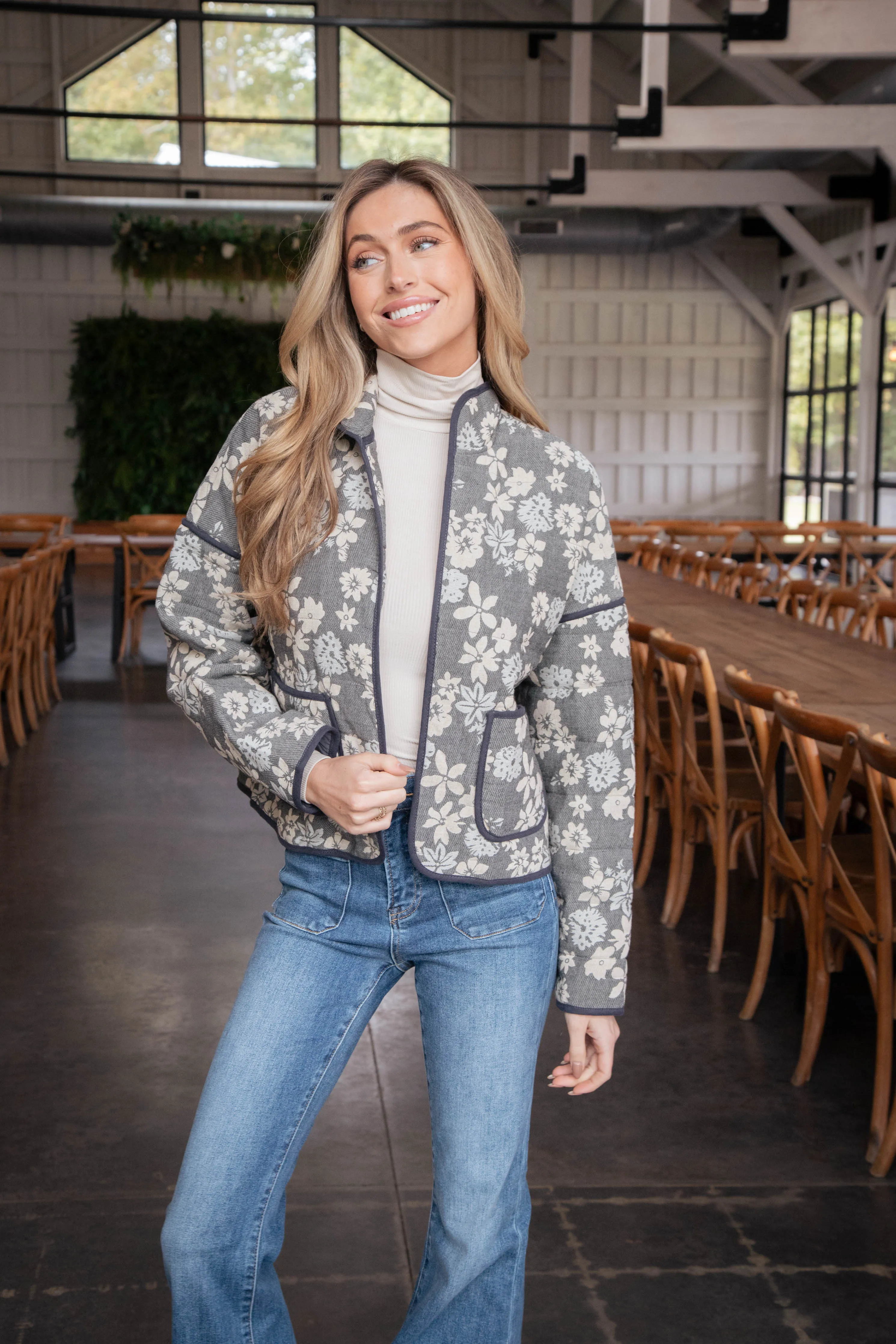 Jaylyn Floral Quilted Jacket, Blue/Ivory/Cream