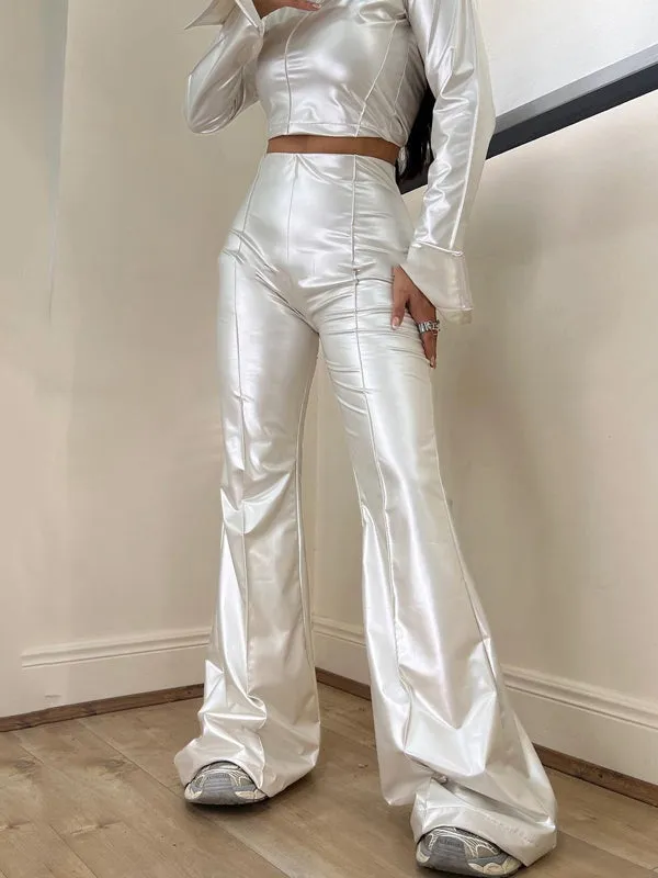 K-POP Plain Metallic Flared Pants