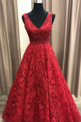 kamahe Charming V-neck Sleeveless Prom Party Gowns| Affordable Red Lace Beading Long Prom Gown