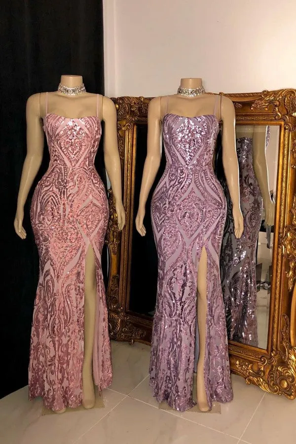 kamahe Gorgeous Spaghetti Straps Front Slit Sequins Mermaid Prom Dresses