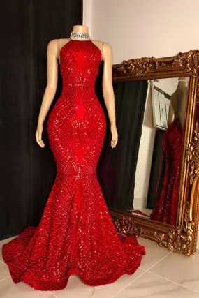 kamahe Halter Lace-up Sequins Floor Length Red Mermaid Prom Dresses