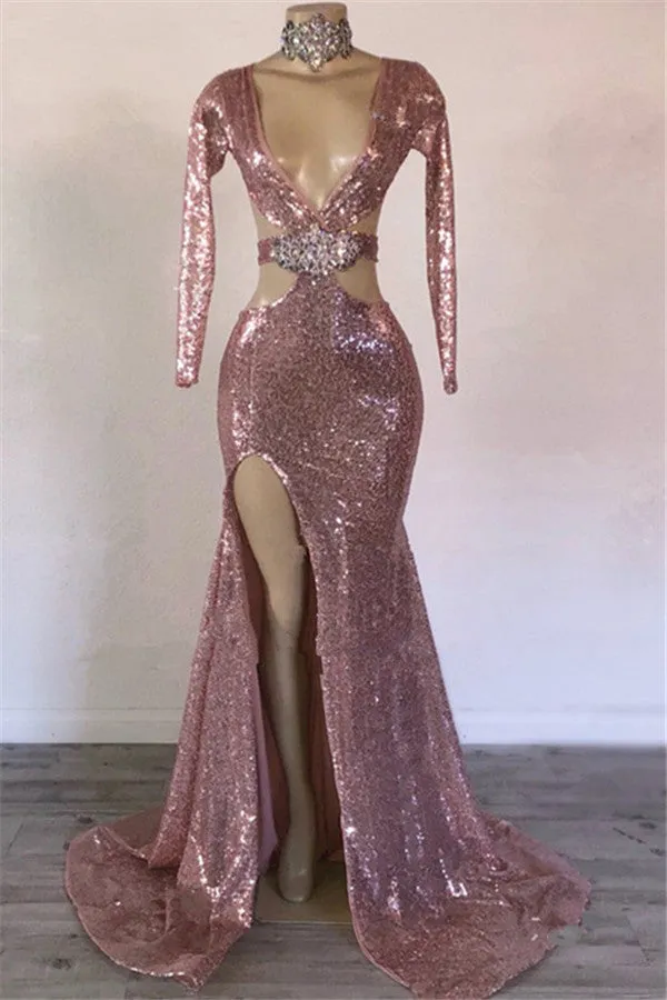 kamahe Mermaid Gorgeous Sequins V-Neck Long-Sleeves Side-Slit Prom Dresses