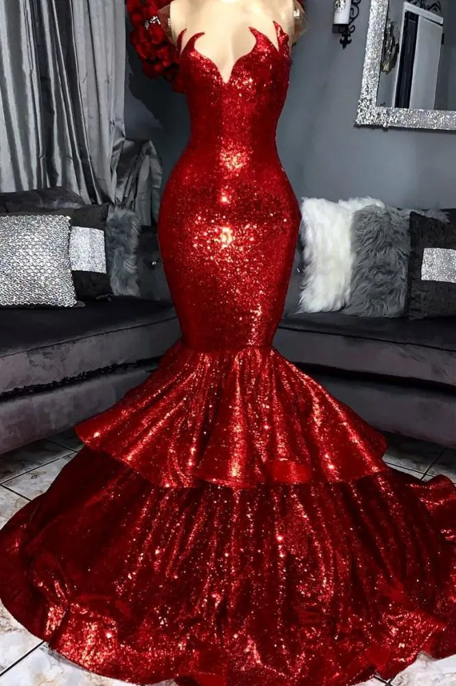 kamahe Shining Hot Red Mermaid Prom Party Gowns with Ruffles