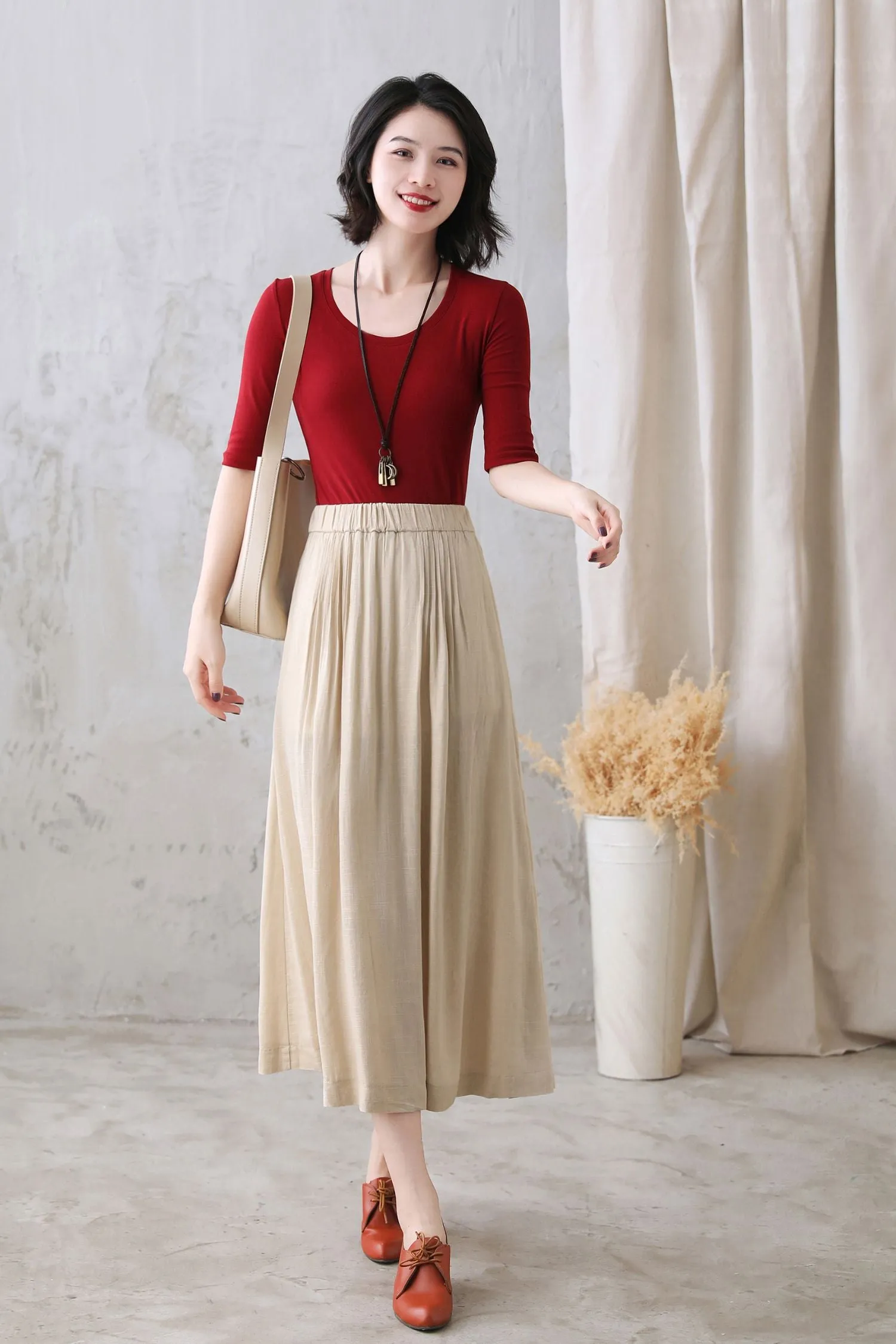 Khaki Long Cotton Linen Midi Skirt 2773