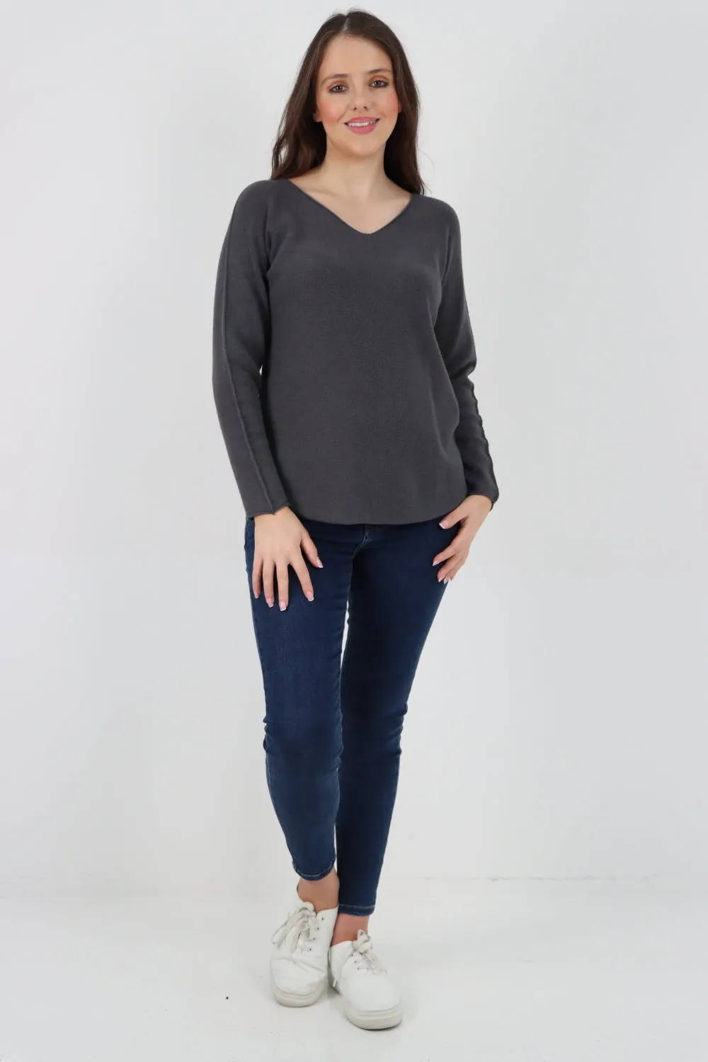 Knitted V Neck Plain Basic Jumper Top