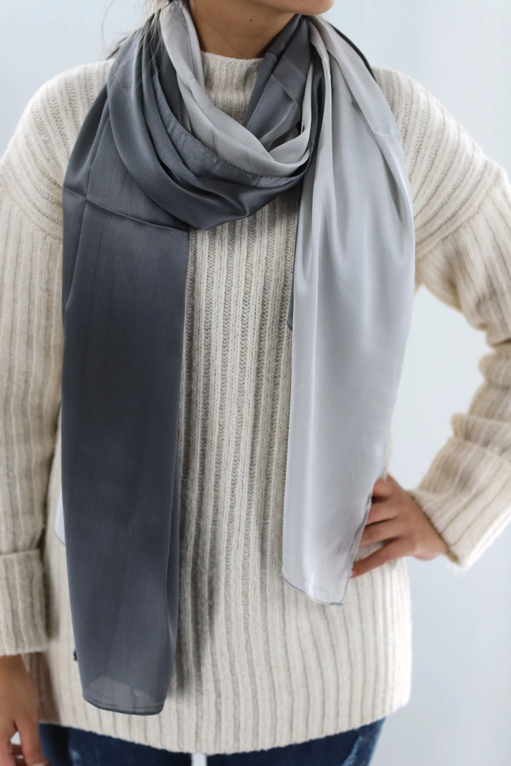 La Fiorentina Satin Soft Ombre Scarf - Light Grey/Black