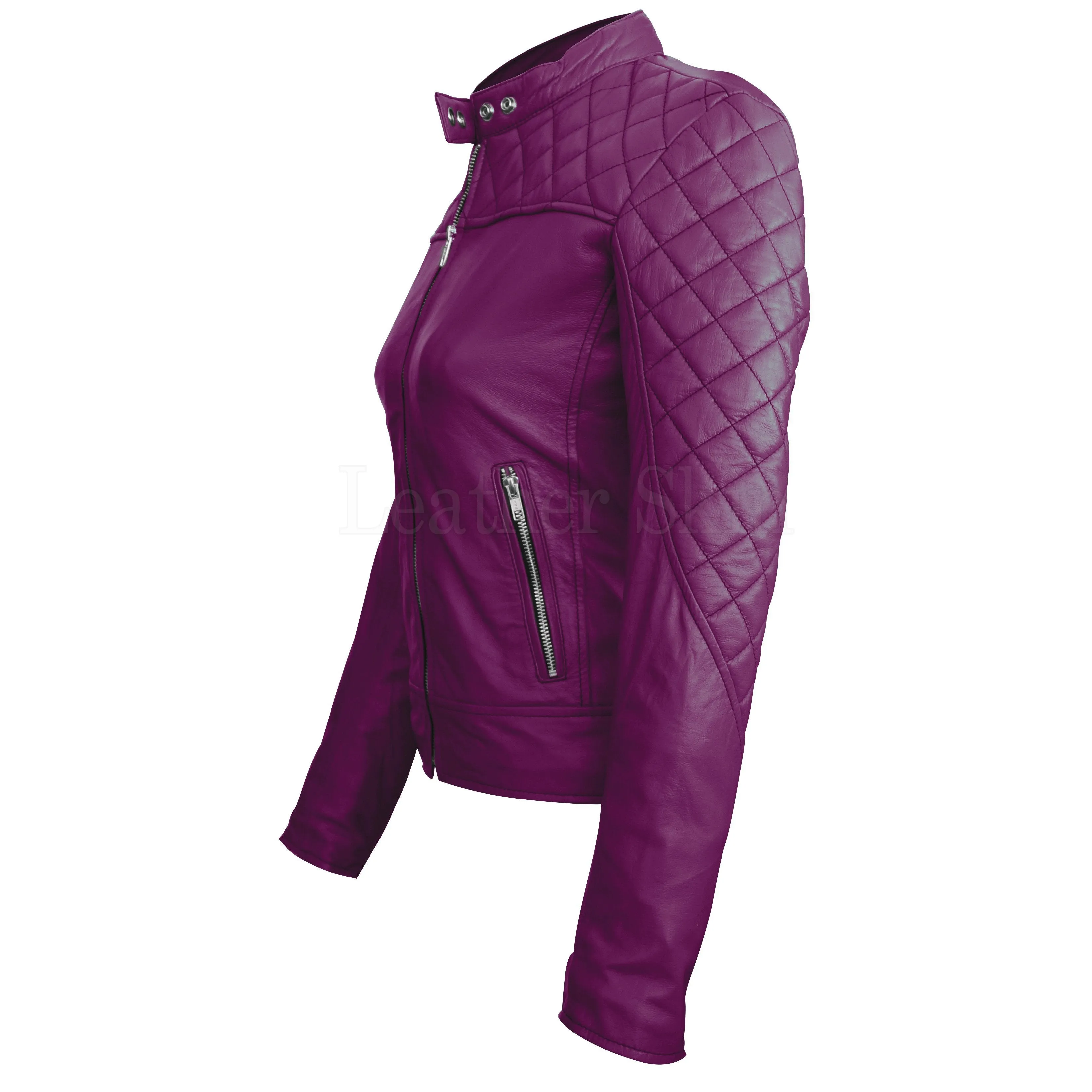 Leather Skin Women Purple Shoulder Quilted Genuine Leather Jacket