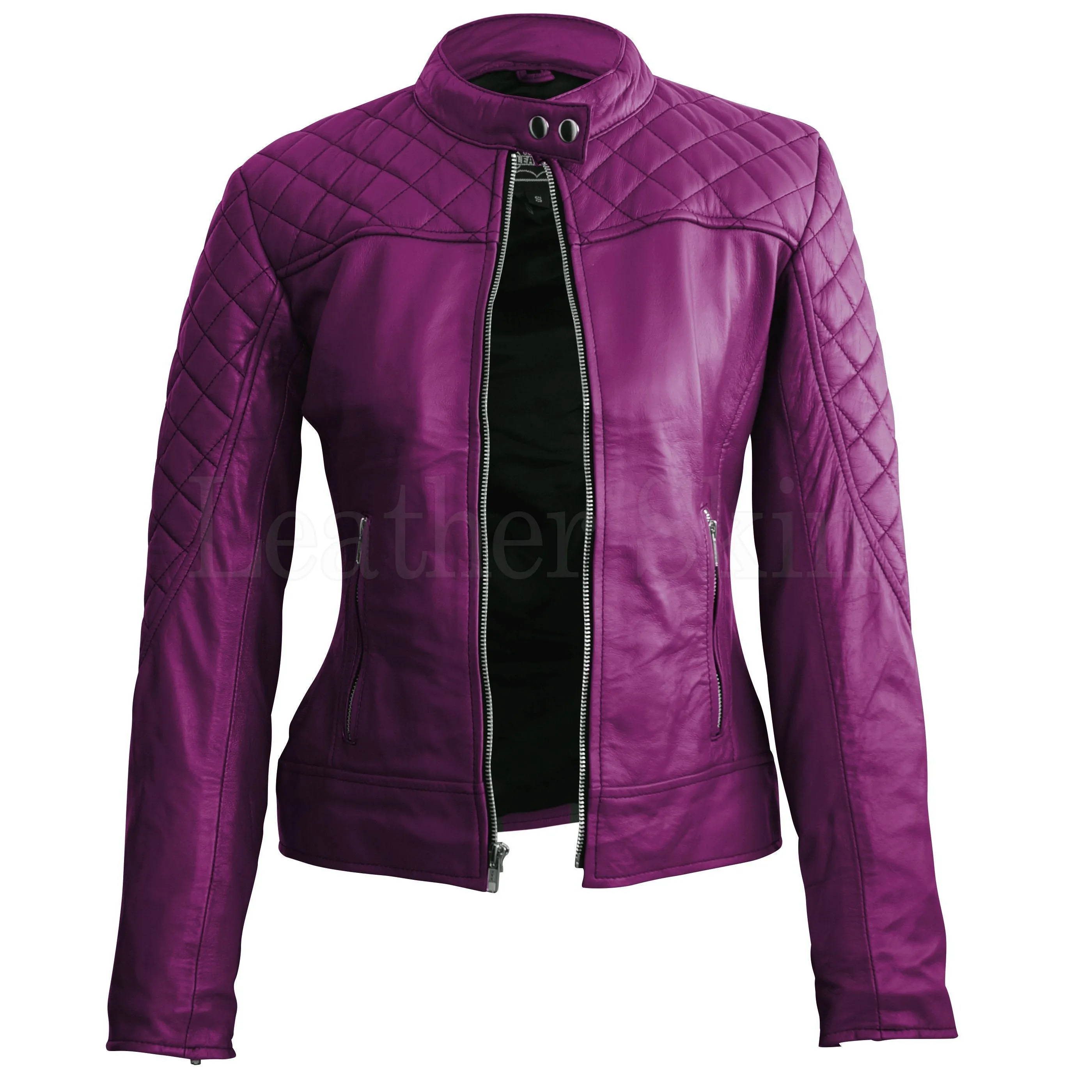 Leather Skin Women Purple Shoulder Quilted Genuine Leather Jacket