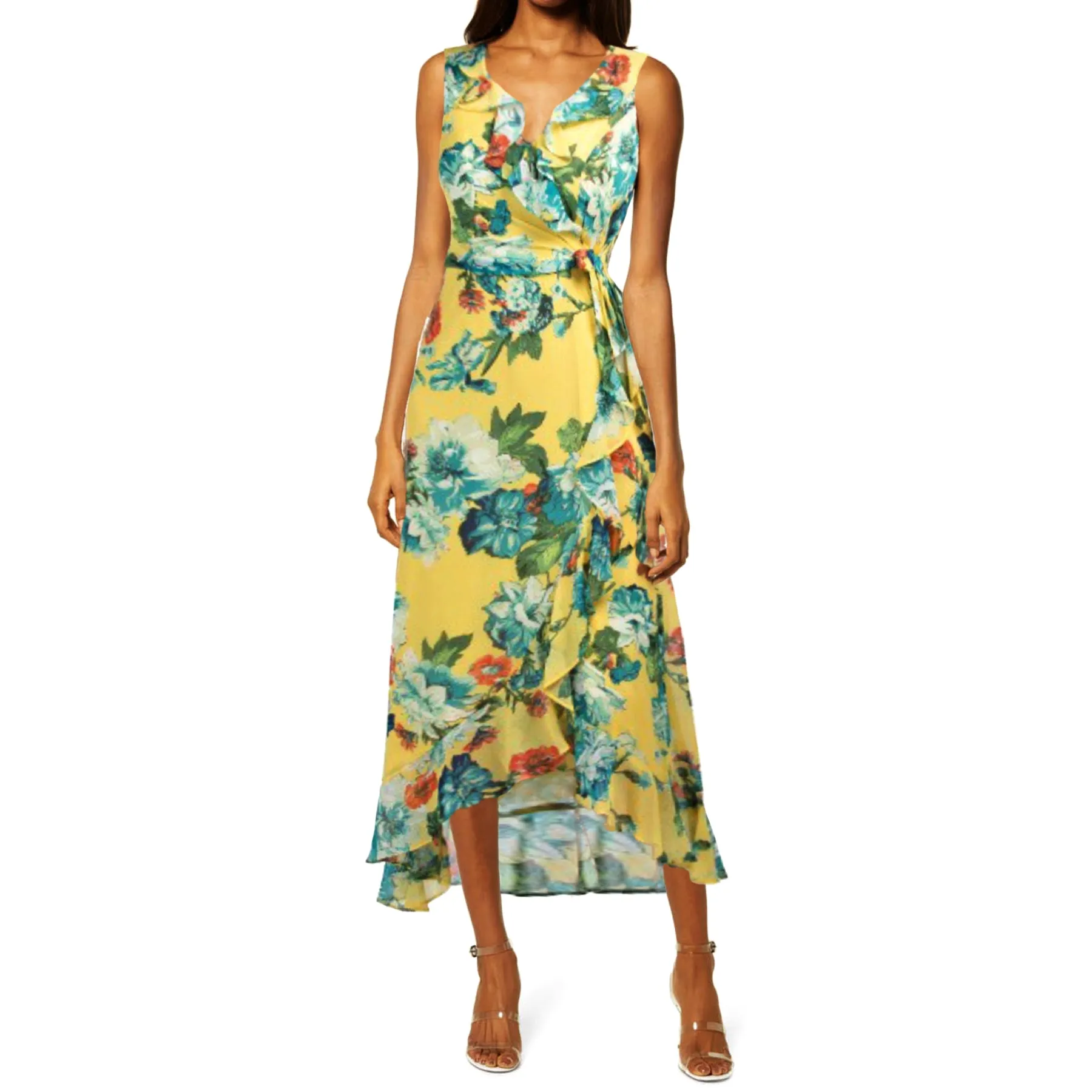 London Times Women's Floral Print Ruffle Trim Wrap Chiffon Midi Dress