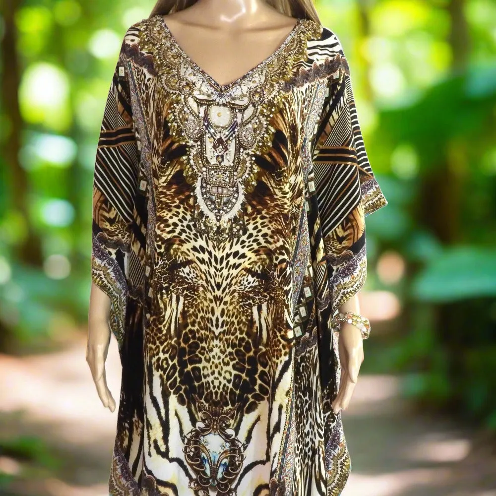 Long silk embellished Kaftan Cheetah