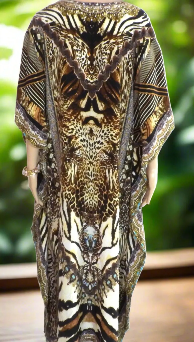 Long silk embellished Kaftan Cheetah