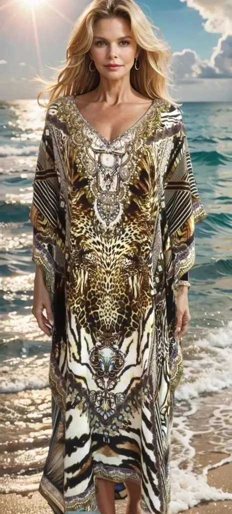 Long silk embellished Kaftan Cheetah