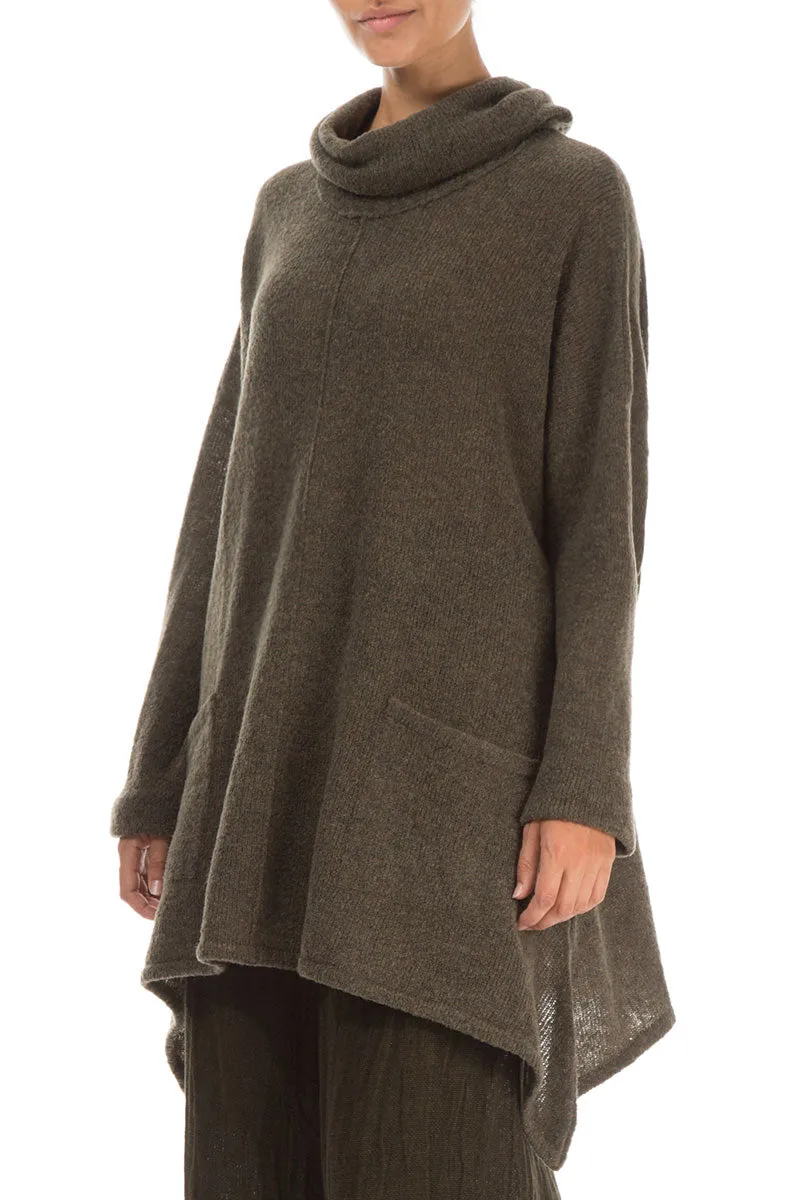 Longer Back Turtleneck Khaki Wool Sweater