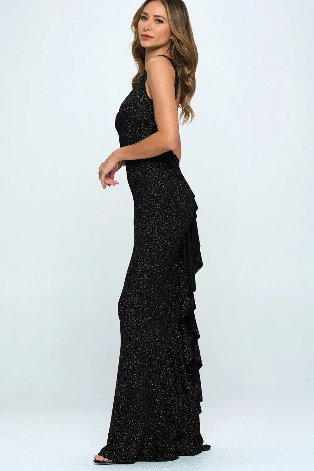 Low Back Bow Glitter Ruffle Maxi Dress