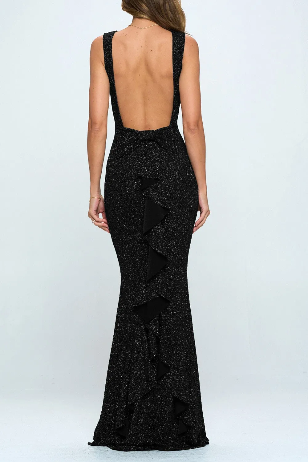 Low Back Bow Glitter Ruffle Maxi Dress